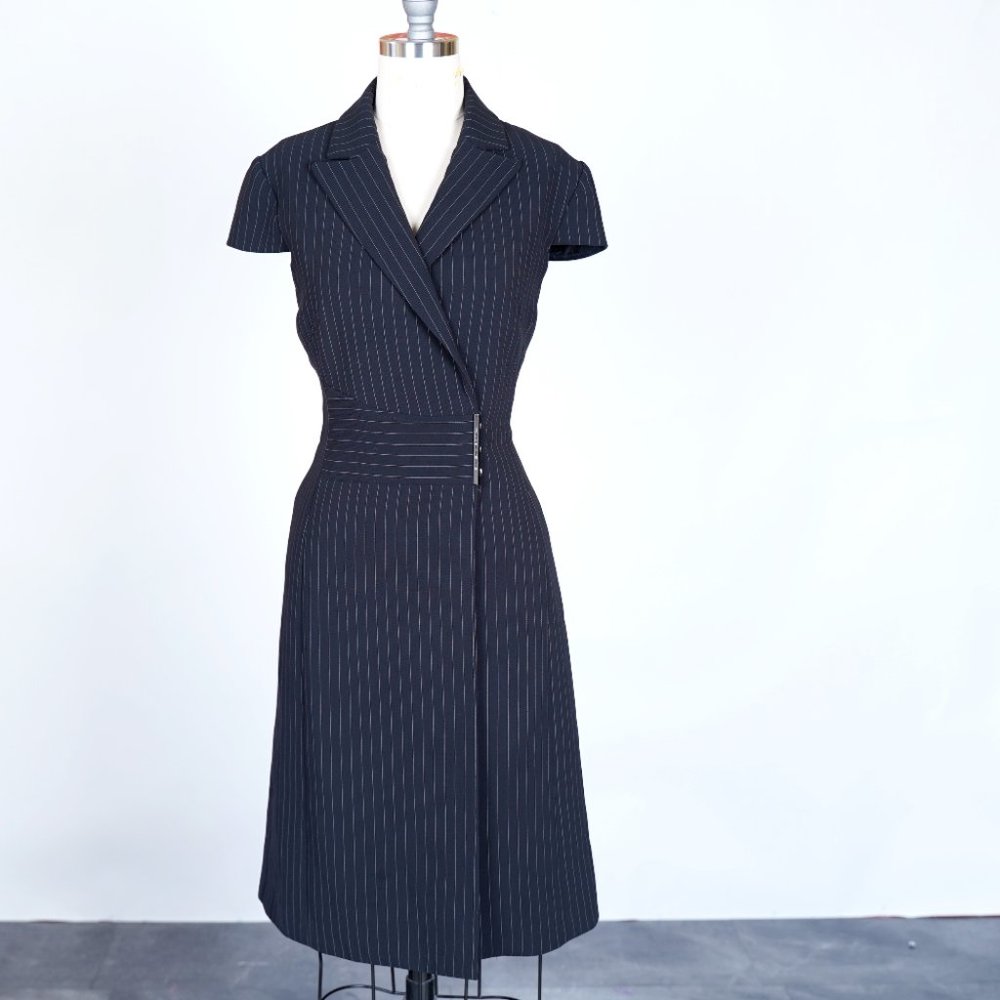 Tahari Pinstripe Blazer Dress Black 6 Work Office